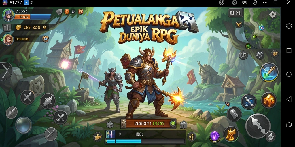 Screenshot utama AT777 menampilkan petualangan seru dan pertarungan mendebarkan dalam RPG.