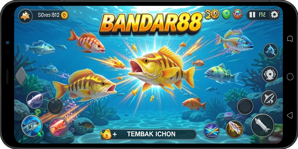 Tangkapan layar menunjukkan aksi seru dalam permainan tembak ikan.