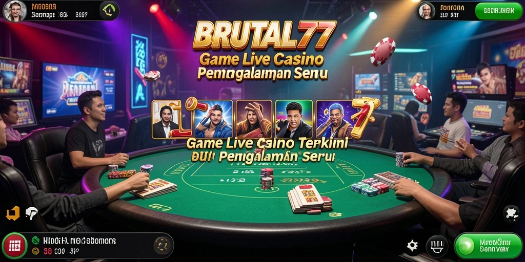 Screenshot gameplay BRUTAL77 menampilkan dealer langsung dan suasana kasino yang nyata.