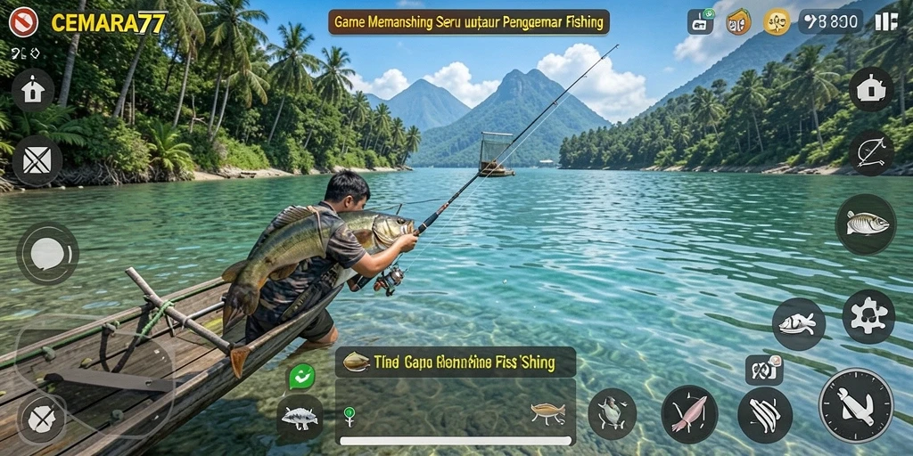 Screenshot utama CEMARA77 menunjukkan gameplay memancing yang menarik dan interaktif.
