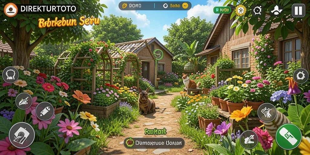 Screenshot gameplay <strong>DIREKTURTOTO</strong> yang menunjukkan kebun yang subur dan aktif.