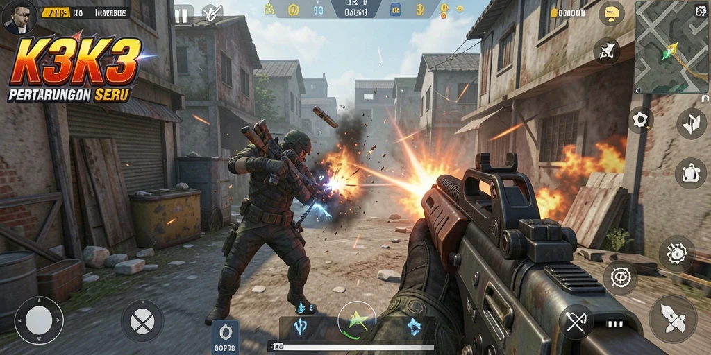 Tangkapan layar menampilkan aksi seru dalam K3K3 dengan gameplay TPS.