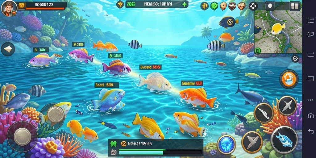 Tampilan gameplay seru di NOX123 saat menangkap ikan.