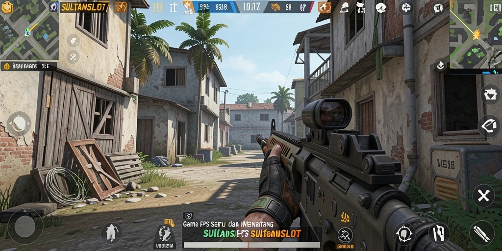 Screenshot utama gameplay SULTANSLOT menampilkan aksi tembak-menembak.
